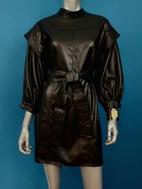 ASOS High Neck Puff Sleeves 80s Style Faux Leather Mini Dress w/ Tie Belt / NWOT